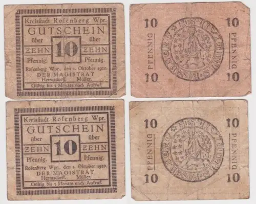 2 x 10 Pfennig Banknoten Notgeld Kreisstadt Rosenberg Wpr. 1.10.1920 (119056)