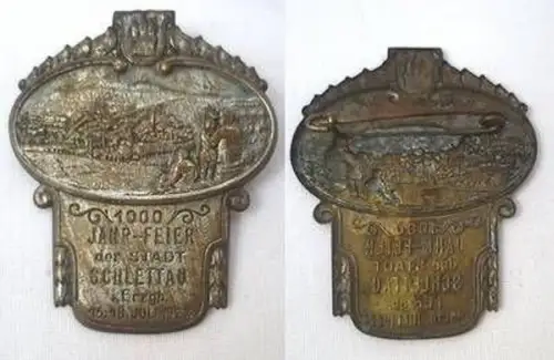 altes Blech Abzeichen 1000 Jahrfeier Stadt Schlettau 1927