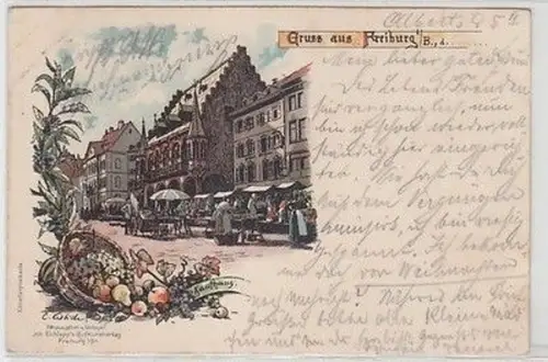 58975 Ak Lithographie Gruß aus Freiburg im Breisgau Kaufhaus 1901