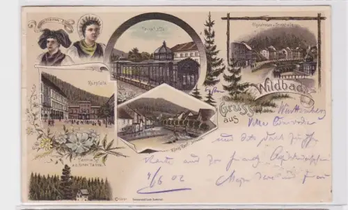 92448 AK Gruss aus Wildbad, Trinkhalle, Kurplatz, König Karl- & Olgastrasse 1902