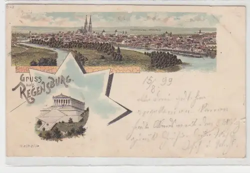 68049 Ak Lithographie Gruss aus Regensburg Totalansicht und Walhalla 1899