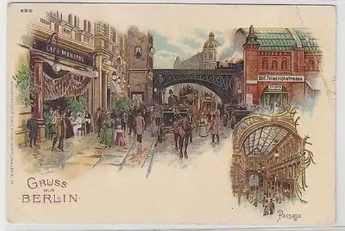 62590 Ak Lithographie Gruss aus Berlin Bahnhof Friedrichstrasse um 1900