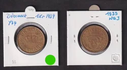 1 Krone Messing Münze Dänemark 1939 ss (172300)