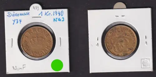 1 Krone Messing Münze Dänemark 1940 ss (172138)