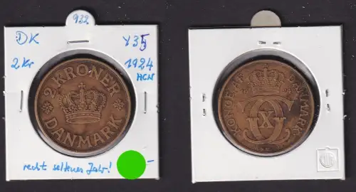 2 Kronen Messing Münze Dänemark 1924 ss (171912)