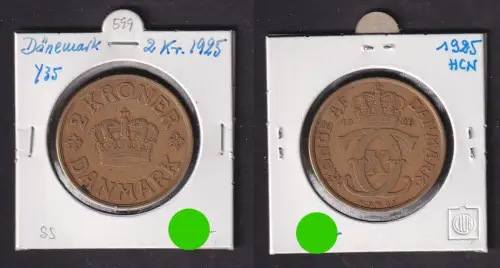 2 Kronen Messing Münze Dänemark 1925 ss (172256)