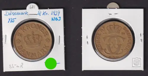 2 Kronen Messing Münze Dänemark 1939 ss (172298)