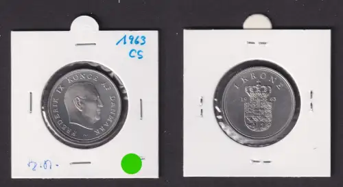 1 Krone Kupfer Nickel Münze Dänemark 1963 vz/Stgl. (172171)