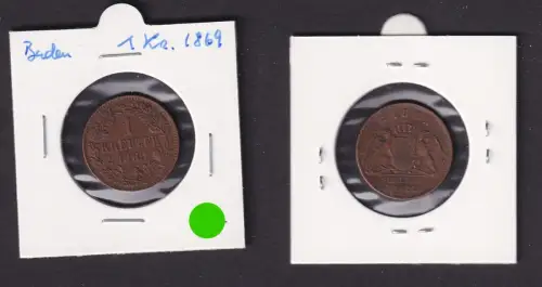 1 Kreuzer Kupfer Münze Baden 1869 ss+ (171997)