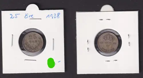 25 Öre Silber Münze Schweden 1938 Gustav V. ss (172132)