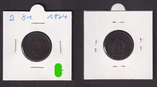 2 Öre Kupfer Münze Schweden 1874 Oscar II. ss (172141)
