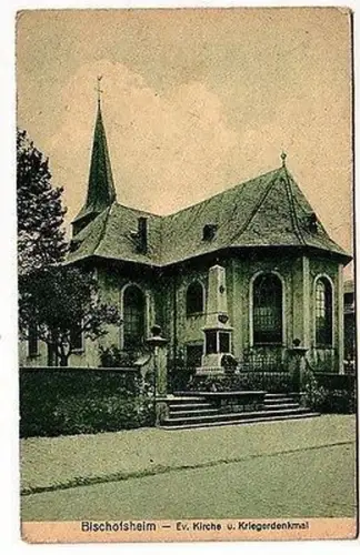 62043 Ak Bischofsheim ev. Kirche und Kriegerdenkmal um 1930