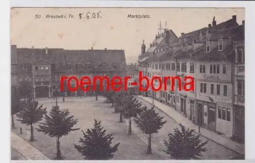 82283 Ak Arnstadt i. Th. Marktplatz mit Wurstfabrik u.a. Geschäften 1908