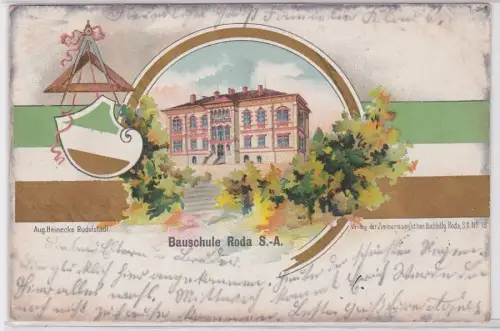 90321 AK Bauschule Roda Sachsen Altenburg - mit Wappen und Zirkel 1900