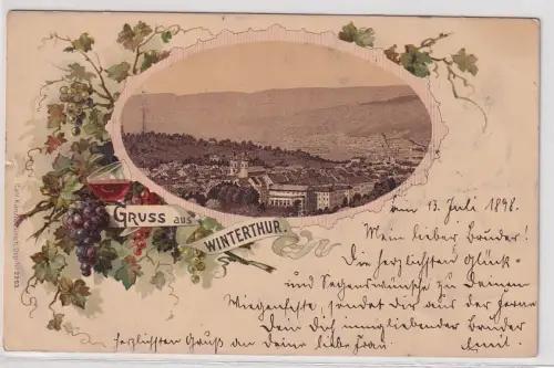 907507 Künstler Ak Gruss aus Winterthur Gesamtansicht mit farbiger Weinrebe 1898