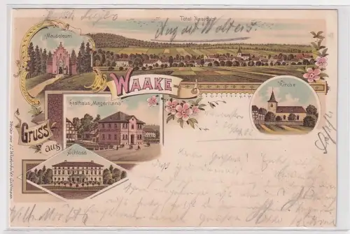 57367 Ak Lithographie Gruß aus Waake Forsthaus, Schloß, Kirche 1902