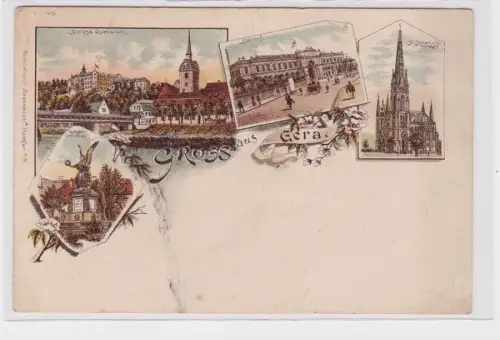 92329 Ak Lithographie Gruß aus Gera Bahnhof, Kriegerdenkmal usw. um 1900