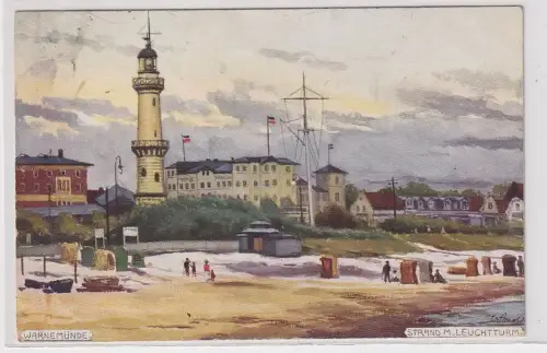44747 Phönix Künstler AK Warnemünde - Strand mit Leuchtturm
