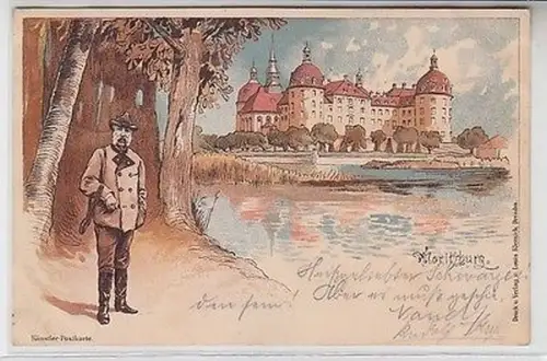 62655 Künstler Postkarte Sachsen König vor Schloss Moritzburg 1898