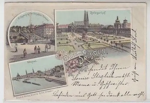 59402 Ak Lithographie Gruß aus Dresden Zwingerhof, Elbquai usw. 1899