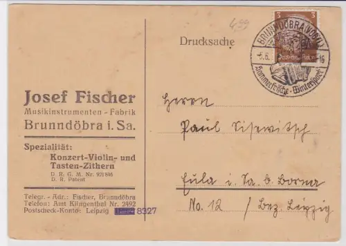 62153 Reklame AK Josef Fischer Musikinstrumenten-Fabrik Brunndöbra 1939