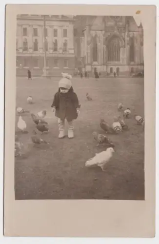 94051 Foto Ak Leipzig Paulinerkirche Kind füttert Tauben 1933