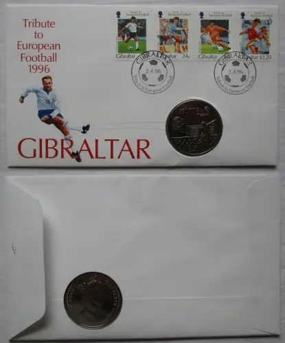 Numisbrief mit 1 Crown Gibraltar Fussball EM 1996 in England Stgl. (114795)