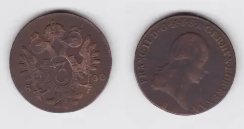 3 Kreuzer Kupfer Münze RDR Habsburg Österreich Franz II. 1800 B ss+ (155081)