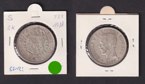 2 Kronen Silber Münze Schweden 1938 f.vz (171168)
