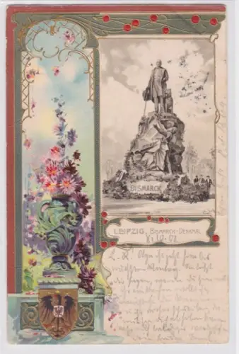 95402 Präge Rahmen Ak Wappen, Blumen und Leipzig Bismarck-Denkmal 1902