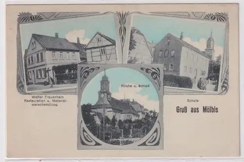 76026 Mehrbild Ak Gruß aus Mölbis Restauration, Schule, Kirche, Schloß um 1920