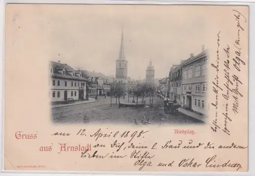 73684 AK Gruss aus Arnstadt - Riedplatz mit Geschäften und Kirche 1898
