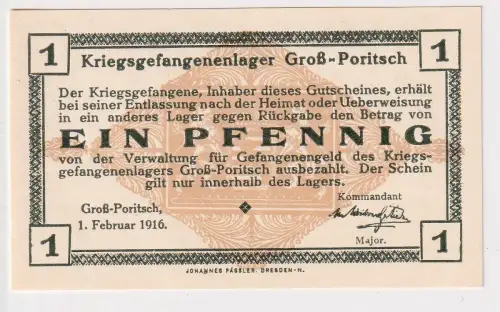1 Pfennig Banknote Kriegsgefangenlager Groß-Poritsch 1.Februar 1916 (159319)