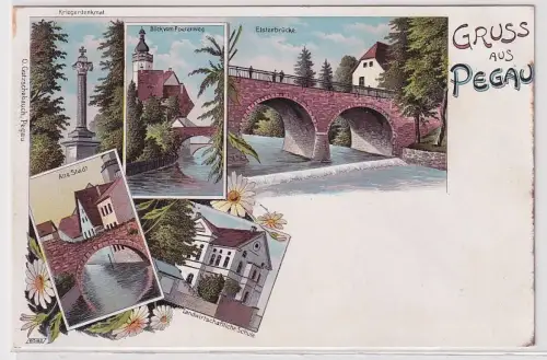 94855 Ak Lithographie Gruß aus Pegau Kriegerdenkmal usw. um 1900
