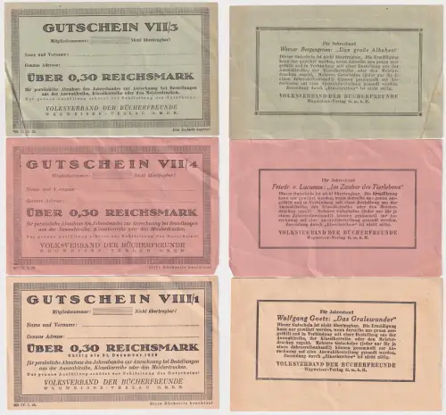 3 Gutscheine über 0,30 Reichsmark Volksverband der Bücherfreunde  (115879)