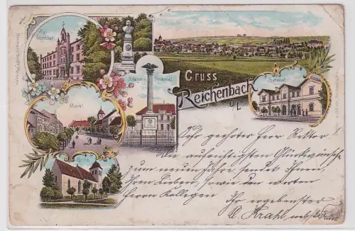 92863 Ak Lithographie Gruß aus Reichenbach O.-L. Kriegerdenkmal usw. 1900