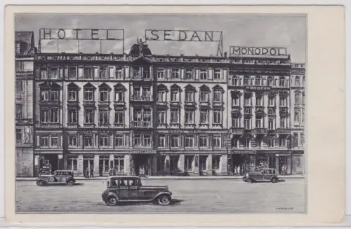 87171 AK Leipzig - Hotel Sedan und Monopol davor Automobile (Lindegreen) um 1920