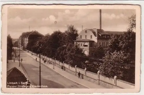 58672 Ak Limbach in sachsen Pleisaer Straße mit Krankenhaus um 1940