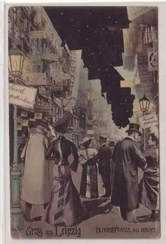 8/11 Ak Gruß aus Leipzig Peterssstraße bei Nacht 1908