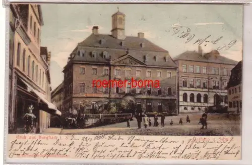78273 Ak Gruß aus Burgstädt i.S. Rathaus u. Schule 1903
