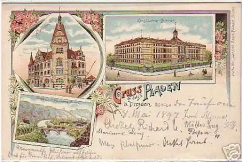 02237 Ak Lithographie Gruß aus Plauen bei Dresden 1897