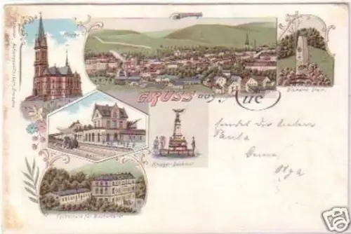 23312 Lithografie Gruss aus Aue Bahnhof usw. 1898