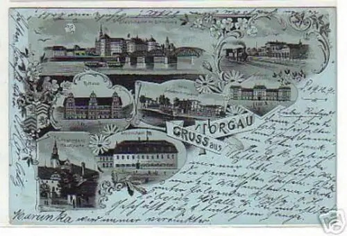 00729 Mondscheinkarte Gruß aus Torgau Bahnhof usw. 1898