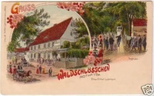 23310 Lithografie Gruss Waldschlösschen Rötha um 1910