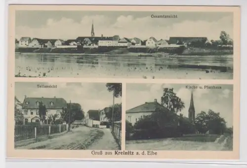 89431 Mehrbild Ak Gruß aus Kreinitz an der Elbe Kirche, Pfarrhaus usw. um 1930