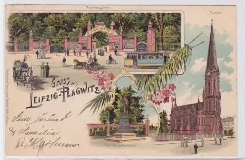 85639 Lithografie AK Gruss aus Leipzig-Plagwitz - Kirche & Palmengarten 1901