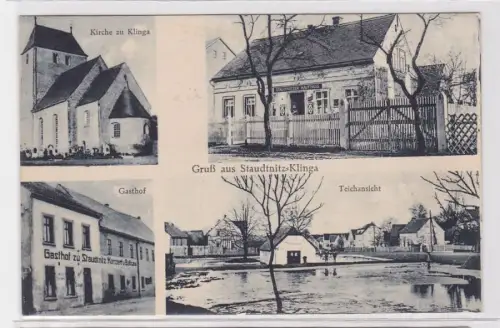 86698 AK Gruß aus Staudnitz-Klinga - Kirche, Gasthof und Teichansicht 1933