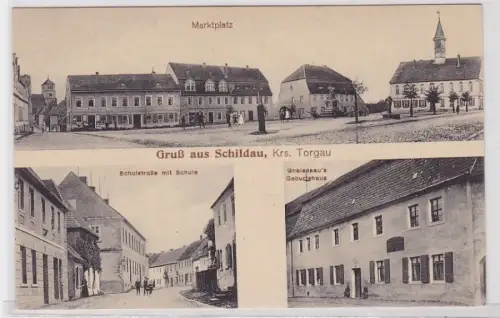 90523 Mehrbild Ak Gruß aus Schildau Kreis Torgau Schule usw. um 1920