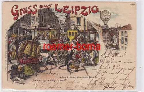 86640 Ak Lithographie Gruß aus Leipzig 'Die elektrische Bahn kommt!' 1896