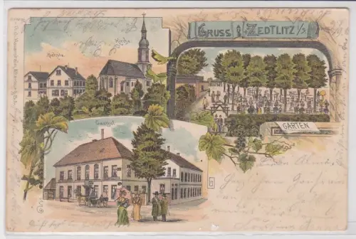 87843 Ak Lithographie Gruß aus Zedlitz in Sachsen Gasthof usw. 1899